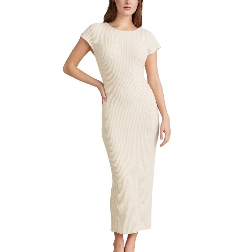 Emory Park Open Back Ribbed Knit Midi‎ Dress Cream Small S Minimalist Sexy Chic